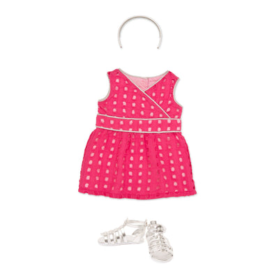 Pink eyelet dress with silver piping, silver headband and silver sandals fits all 18 inch dolls.