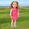 Pink eyelet dress with silver piping, silver headband and silver sandals fits all 18 inch dolls.  Shown on KMF28 Maplelea Friends doll.