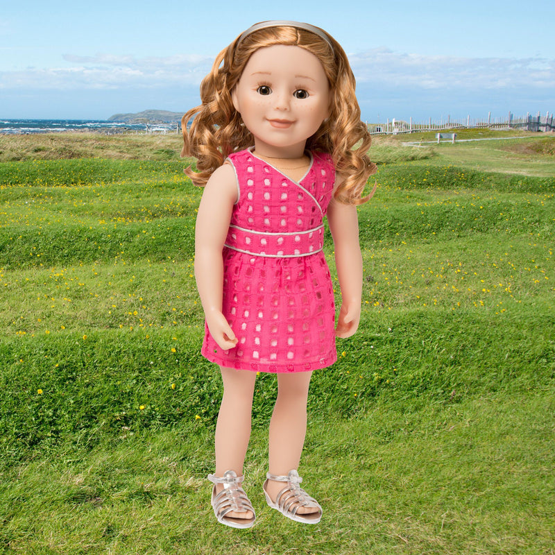 Pink eyelet dress with silver piping, silver headband and silver sandals fits all 18 inch dolls. Shown on KMF28 Maplelea Friends doll.