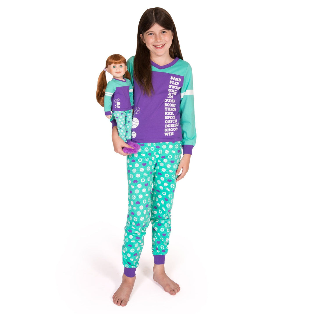Dream Team sporty matching girl-sized sports-themed teal and purple PJs in varying sizes for girls 