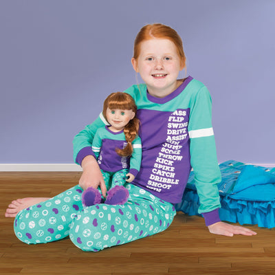 Dream Team sporty matching girl-sized sports-themed teal and purple PJs in varying sizes for girls.