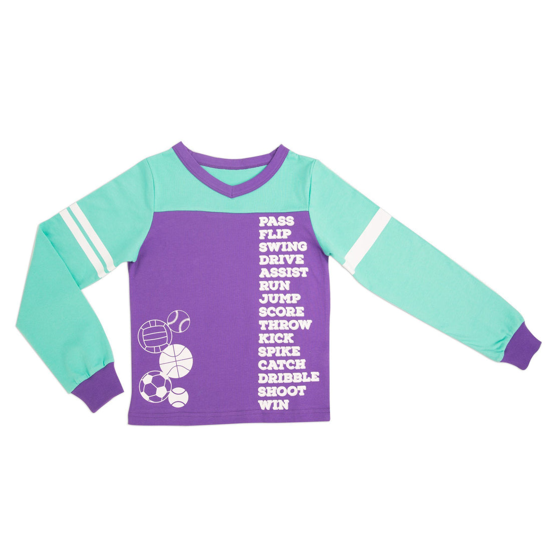 Dream Team sporty matching girl-sized sports-themed teal and purple PJs in varying sizes for girls 