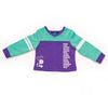 Dream Team sports-themed purple and teal PJ top with printed athletic words and sport-ball print. Fits all 18 inch dolls.