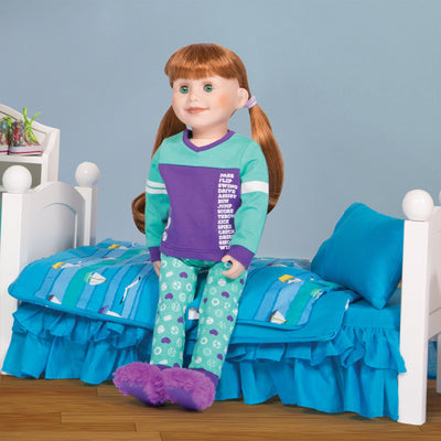 Dream Team sports-themed purple and teal PJs with purple fuzzy slippers fits all 18 inch dolls. Shown on KJ1 Jenna doll with KM1 Doll Bed and KM18 Ocean Waves bedding.