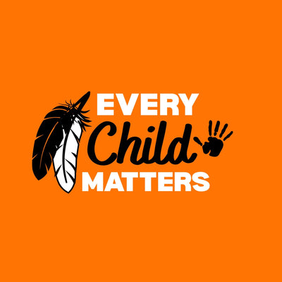 orange every child matters graphic with black and white feather and handprint