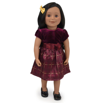 Burgundy and gold dress with velvet bodice and ruffled flower waist detail and gold hair bow on Maplelea 18" doll