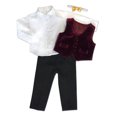 Burgundy velvet vest with velcro closure detailed white dress shirt black dress pants with crease and gold bow tie for 18 inch dolls