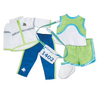Flash Dash 6-piece running gear set with blue splash pants, white windbreaker with reflective taping, green sleeveless top and running shorts with white athletic socks. Fits all 18 inch dolls.