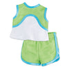 Flash Dash 6-piece running gear set green sleeveless top and running shorts with blue accent fit all 18 inch dolls.