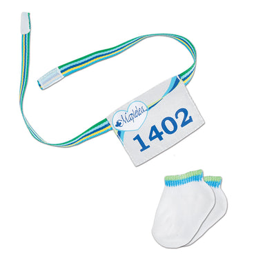 Flash Dash 6-piece running gear white athletic socks and running number bib. Fits all 18 inch dolls.