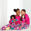 Two girls and two dolls wearing very high quaity matching pajamas from Maplelea