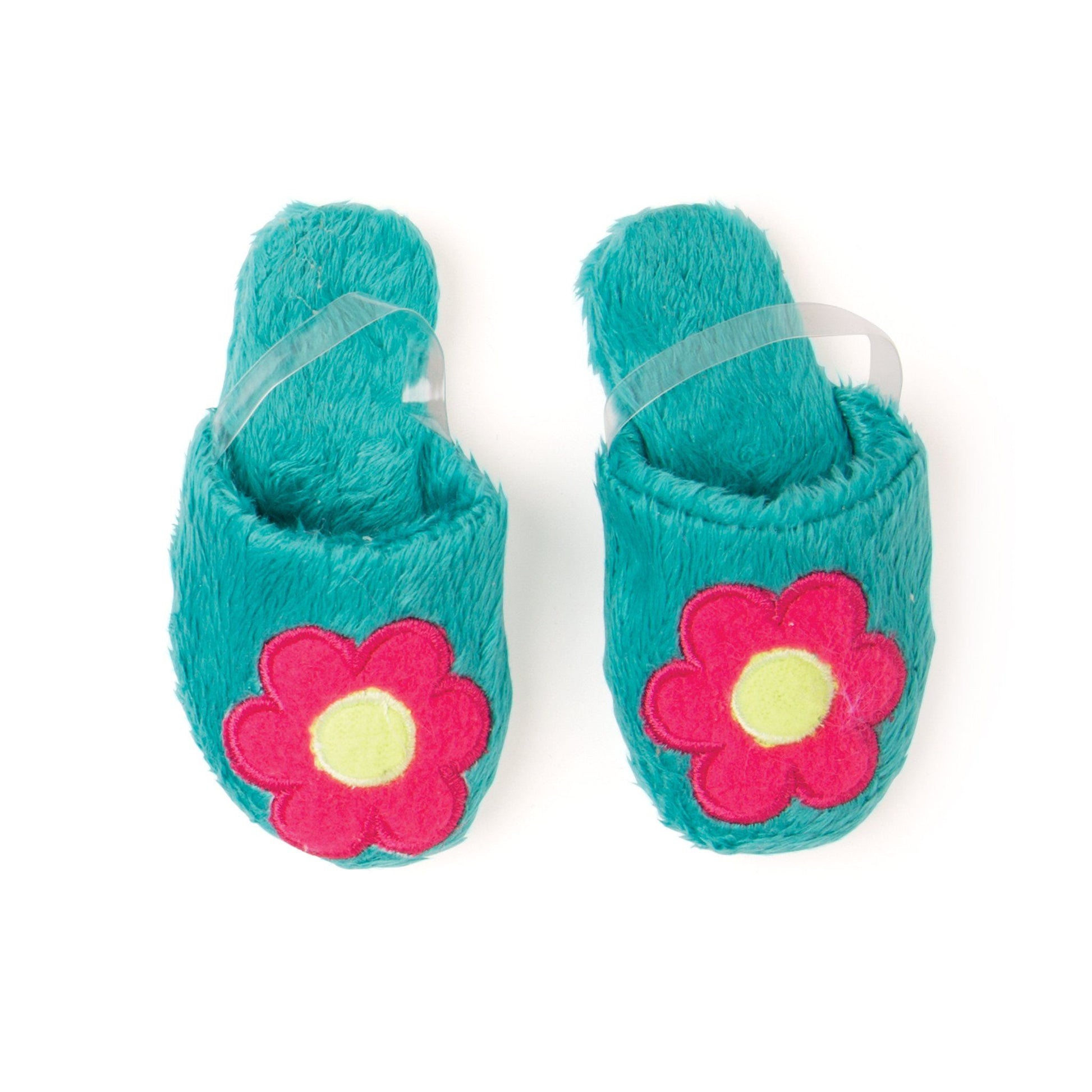 Fuzzy teal slippers for 18 inch doll.  