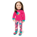 Matching pajamas for doll and girl.  Pink and teal PJs shown on 18 inch doll.