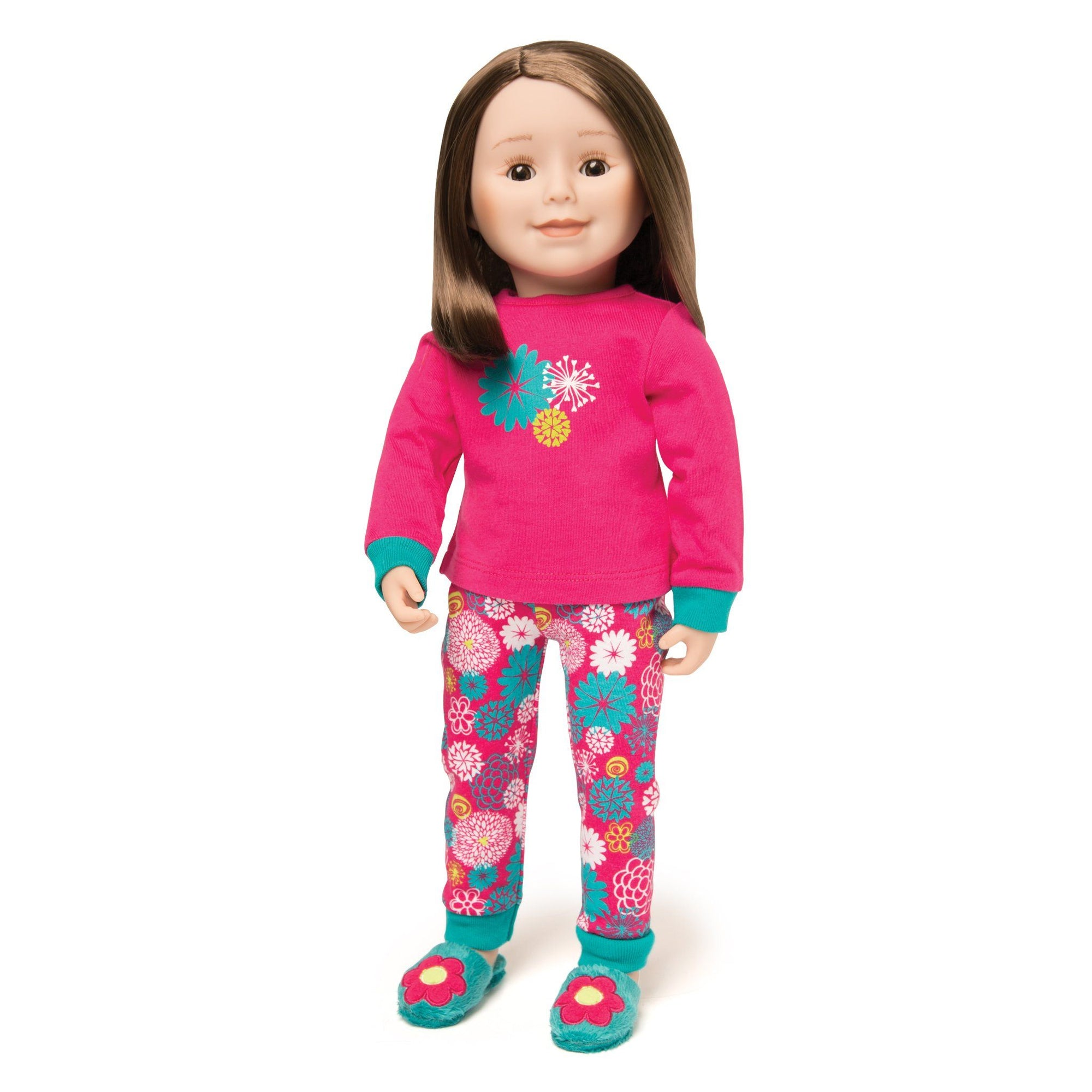 Matching pajamas for doll and girl.  Pink and teal PJs shown on 18 inch doll.
