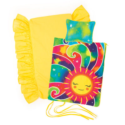 Sunshine print comforter/sleeping bag, mattress and pillow for 18" dolls.