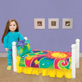 Colourful sunshine bedding for dolls shown on Maplelea doll bed with 18