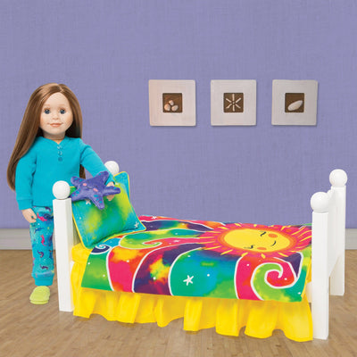 Colourful sunshine bedding for dolls shown on Maplelea doll bed with 18" doll.