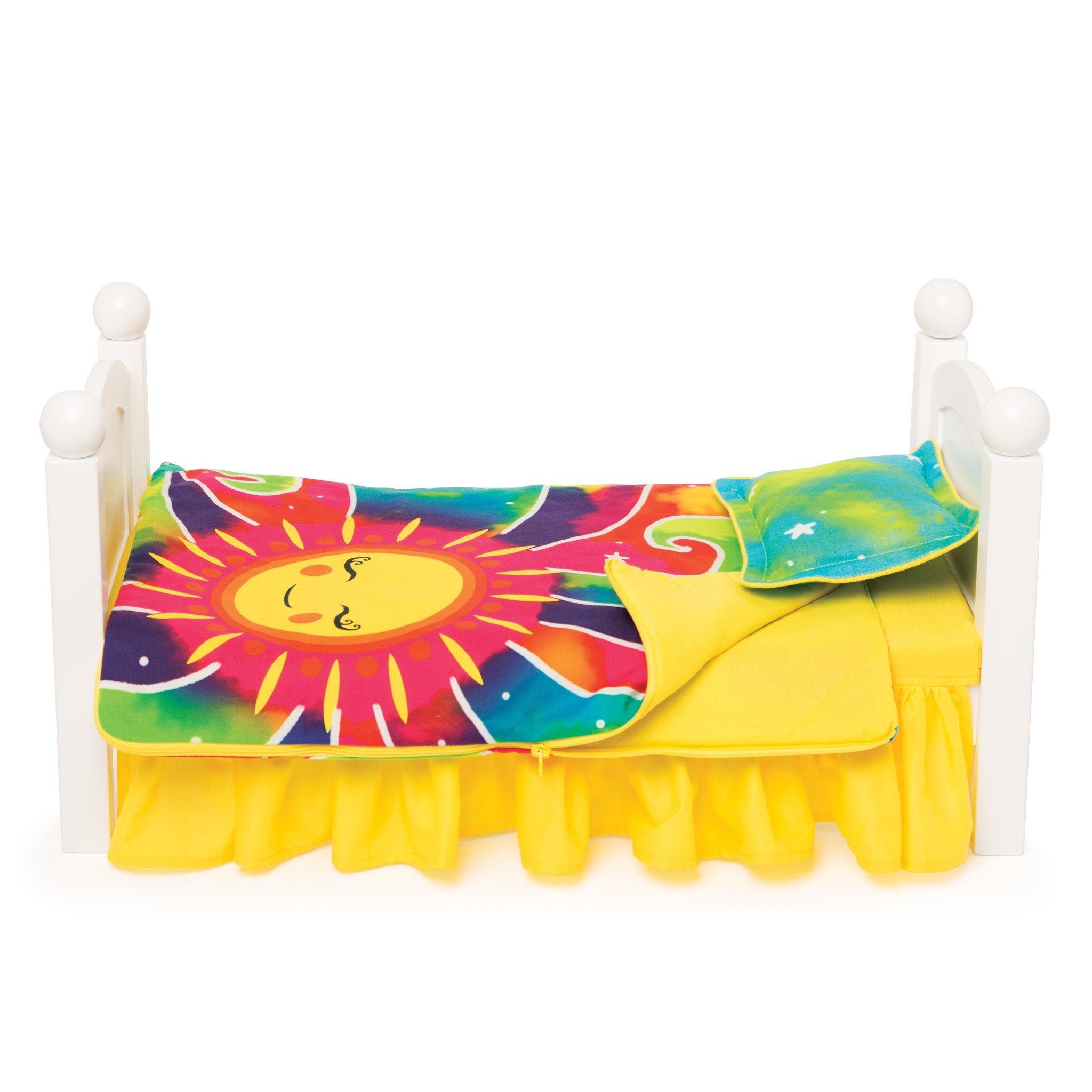 Colourful sunshine bedding for dolls shown on Maplelea doll bed. 