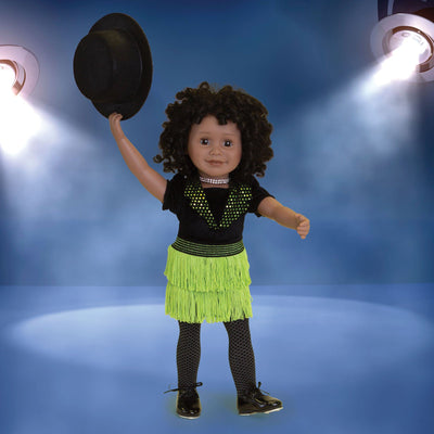 Happy Tap black bodysuit, green fringed skirt, black tights, black top hat, sparkly choker and real tap shoes fits all 18 inch dolls.