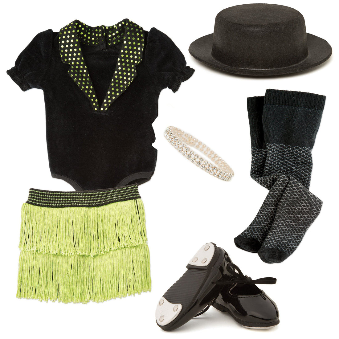blonde doll wearing tap dance outfit with tap shoes