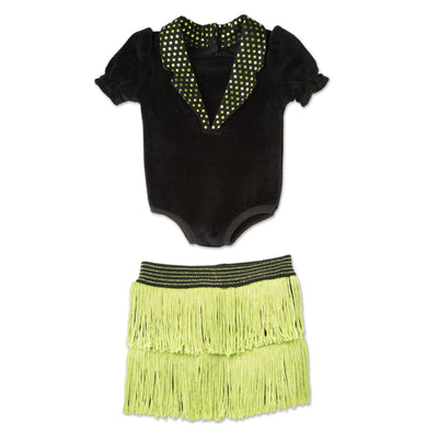 Happy Tap black bodysuit and green fringed skirt fits all 18 inch dolls.