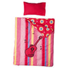 Harmony red guitar-themed bedding with mattress, pillow and striped pattern comforter and contrast circle pattern. Converts to sleeping bag.
