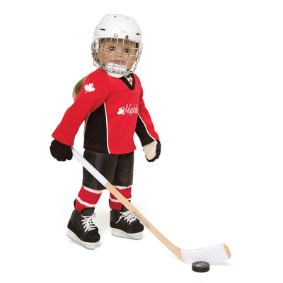 Hockey set red hockey jersey, black hockey shorts, shin pads, shoulder pads, socks, skates, hockey stick, puck, neck guard and gloves. Helmet sold separately. Fits all 18 inch dolls.
