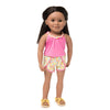 Holiday Hooray summer outfit pink tank top with braided neckline detail, tulip-style patterned shorts and yellow rope sandals fits all 18 inch dolls.  Shown on KMF12 Maplelea Friends doll.