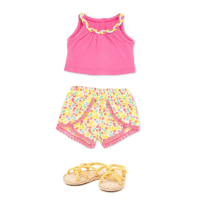 Holiday Hooray summer outfit pink tank top with braided neckline detail, tulip-style patterned shorts and yellow rope sandals fits all 18 inch dolls.