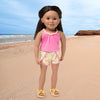 Holiday Hooray summer outfit pink tank top with braided neckline detail, tulip-style patterned shorts and yellow rope sandals fits all 18 inch dolls. Shown on KMF12 Maplelea Friends doll.