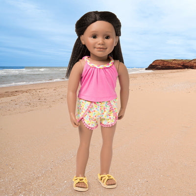 Holiday Hooray summer outfit pink tank top with braided neckline detail, tulip-style patterned shorts and yellow rope sandals fits all 18 inch dolls. Shown on KMF12 Maplelea Friends doll.