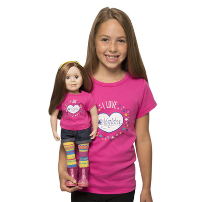 I love Maplelea bright pink t-shirt for dolls. Shown on KC1 Charlsea doll with matching shirt for girls on model.