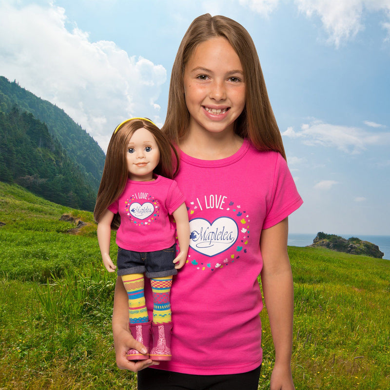 I love Maplelea bright pink t-shirt for dolls. Shown on KC1 Charlsea doll with matching shirt for girls on model. 