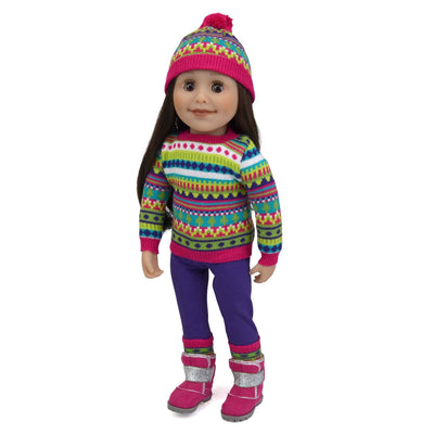 Maplelea Canadian Girl doll wearing colourful ski sweater, tuque, socks and winter boots