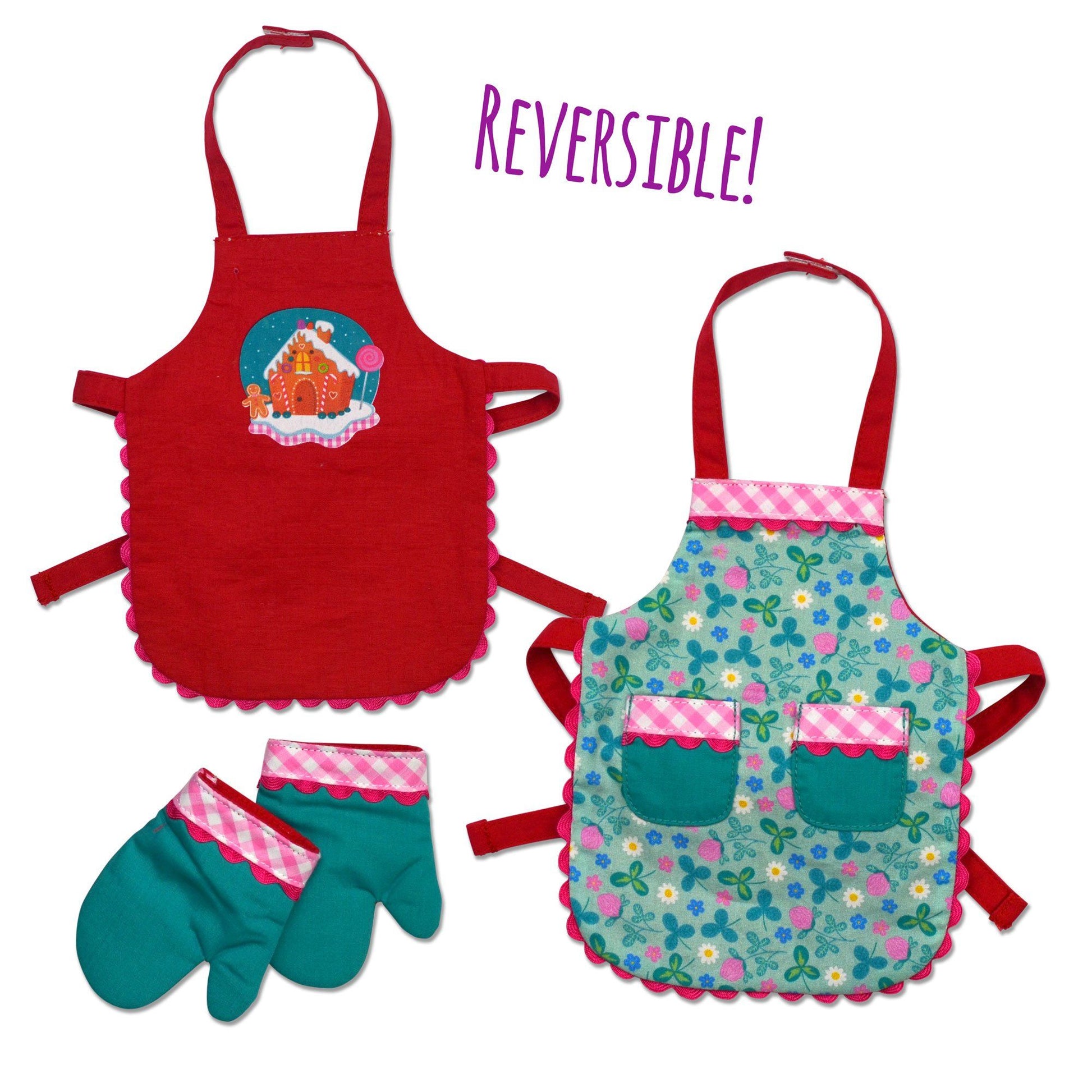 apron set with gingerbread and floral pattern on the other side, and doll-sized oven mitts