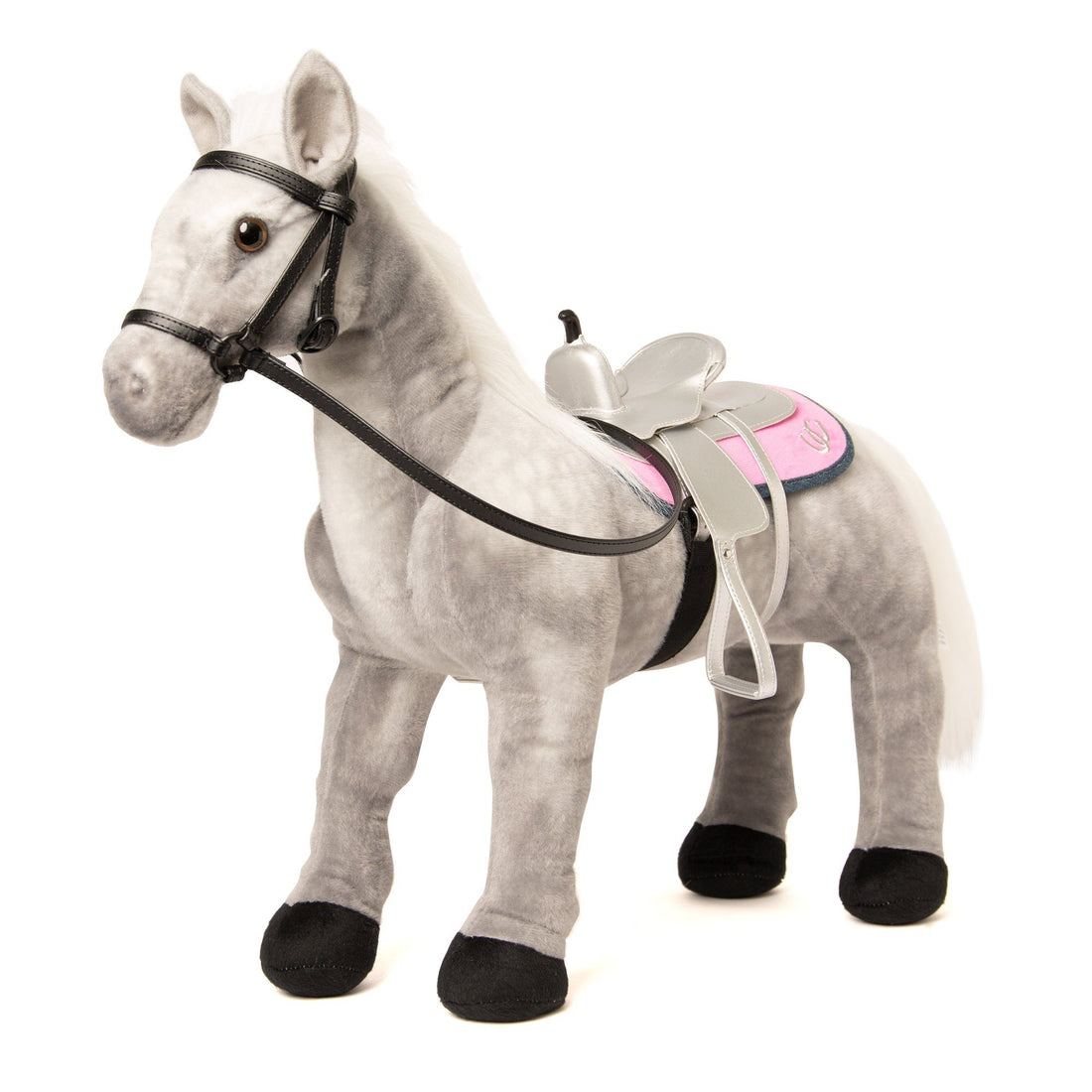 Maplelea Grey Welsh Pony for Maplelea Girl Brianne with silver saddle, reversible pink and denim horse blanket and black bridle. Fits all 18" dolls. 