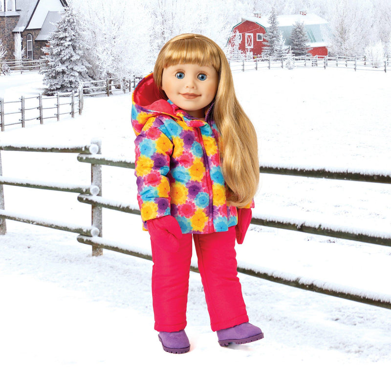 Blonde girl doll from Manitoba wearing a pink snowsuit and mitts, with purple boots.