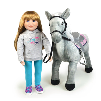 18 inch Canadian Girl doll wearing happy horse Hoodie set grGrey hoody set with colourful galaxy print slip-on shoes aqua leggings and Chinook horse.