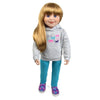 18 inch doll wearing grey horse print hood, colourful slip-on shoes, aqua leggings Maplelea