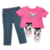 Pink t-shirt with cow graphic, denim jeans and cow-print socks fits all 18 inch dolls. Maplelea.com
