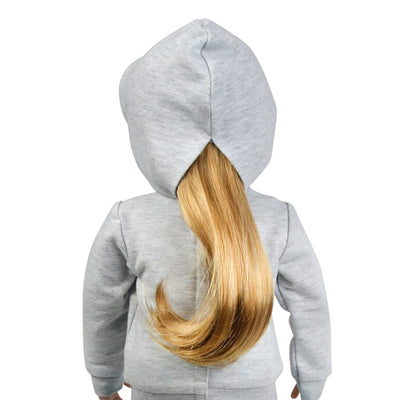 Grey horse themed hoodie on 18 inch Maplelea Canadian Girl doll.