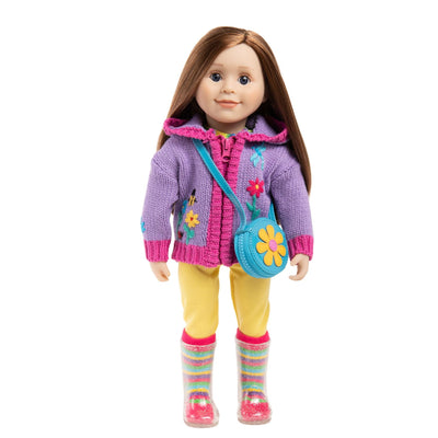 Doll wearing striped socks that show through her clear doll boots.