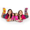 Two girls wearing socks that match their 18 inch dolls