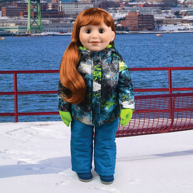 Teal and bright green  winter snow suit for 18 inch dolls with techno print jacket snowpants  blue suede-like boots and mittens