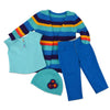 Striped multi-colour sweater blue pants short sleeved shirt colourful buttons and beanie crochet flower for 18 inch dolls