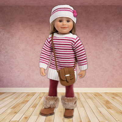 18-inch doll wearing sweater dress, knit hat, tights and boot