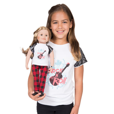 Rockin Couture rock n roll graphic t-shirt for girls with sequin pattern sleeves.