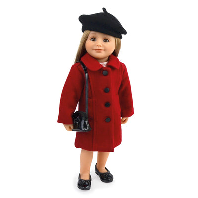 Fully lined dressy coat  black beret style hat and shiny black purse with bow detail for 18" dolls