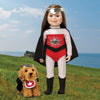 18 inch Maplelea doll and her dog dressed in Canadian Girl and Canadian Pup superhero costumes overlooking Newfoundland