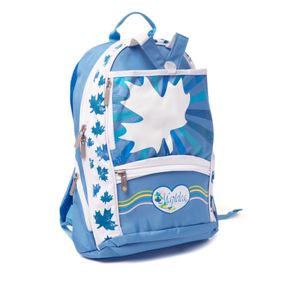 Maplelea girls' blue and white backpack with maple leaf design, fits all 18 inch dolls